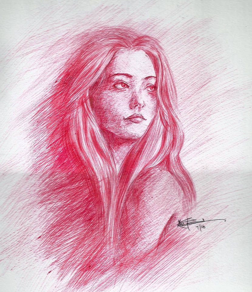 830x962 red lady ball pen drawing - Ballpen Drawing