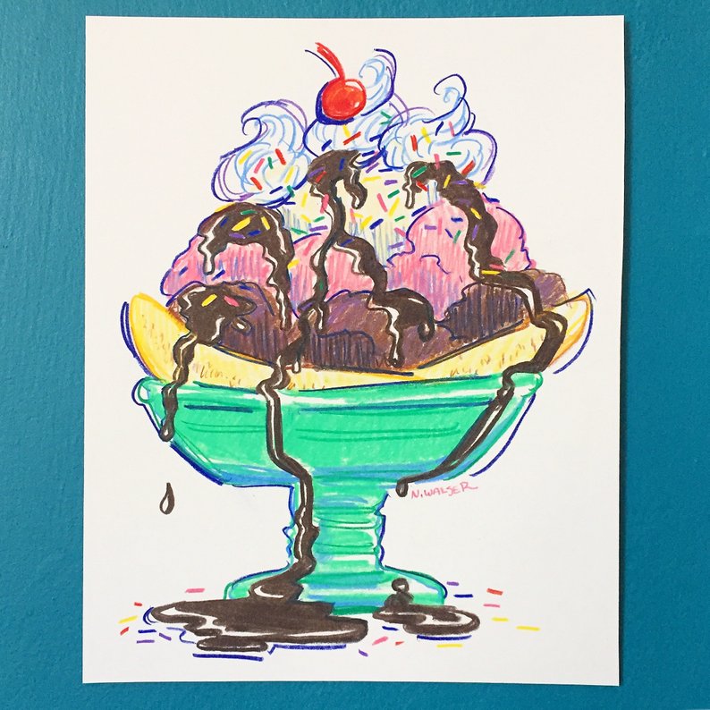 794x794 banana split original drawing colored pencil drawing dessert etsy - Banana Split Drawing