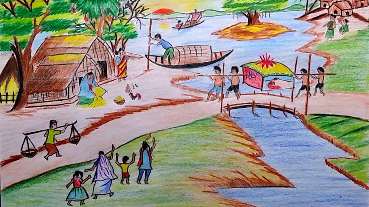 1280x720 how to draw a village scene of the old tradition of bangladesh - Bangladesh Drawing