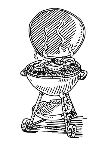 359x478 hand drawn vector drawing of a grilled steak black and white - Barbecue Drawing