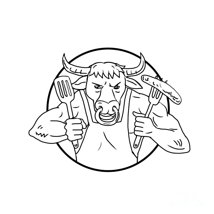 900x900 longhorn bull holding barbecue sausage drawing black and white - Barbecue Drawing