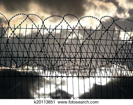 450x357 prison fence with barbed wire on the cloudy sky background drawing - Barbed Wire Fence Drawing
