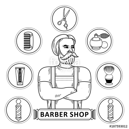 500x500 vector flat barber shop concept, brutal hipster man with beard - Barber Pole Drawing