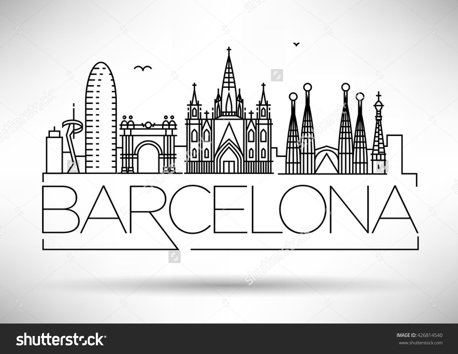 1500x1161 minimal barcelona city linear skyline with typographic design - Barcelona Drawing