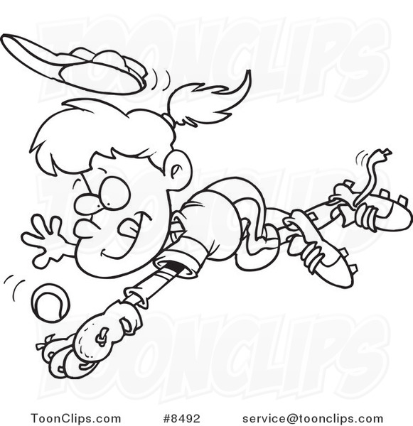 581x600 cartoon black and white line drawing of a girl diving to catch - Baseball Line Drawing