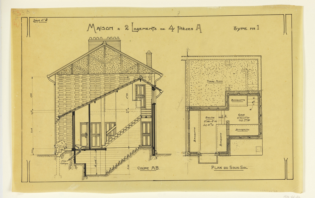1024x645 drawing, rendering of the side elevation and basement of a two - Basement Drawing