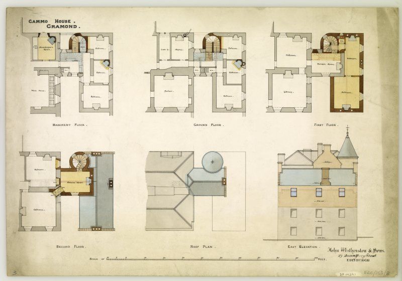 800x560 drawing showing basement, ground, first and second floor plans - Basement Drawing