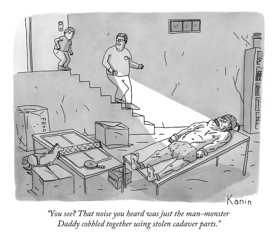 900x797 a man is leading his son into the basement where drawing - Basement Drawing