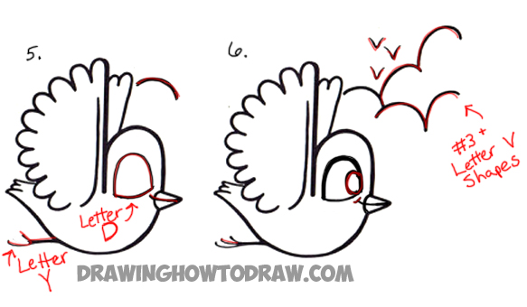 583x340 How To Draw A Flying Cartoon Bird From A Lowercase Letter H Shape - Basic Bird Drawing