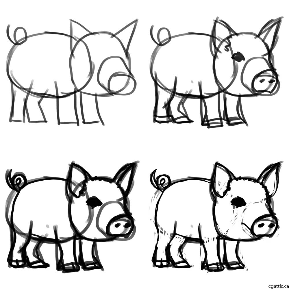 1000x1000 Pig Cartoon Drawing In Steps With Photoshop - Basic Cartoon Drawing
