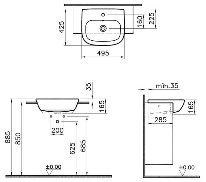 680x600 vitra zentrum semi recessed basin - Basin Drawing