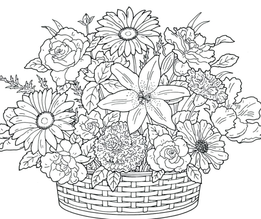 915x769 Flower Basket Coloring Pages Koe - Basket Of Flowers Drawing
