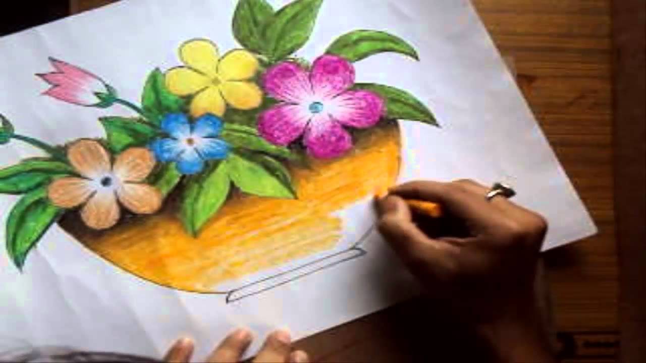 1280x720 How To Draw A Flower Vase With Oil Pastel - Basket Of Flowers Drawing