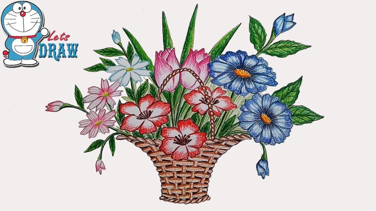 1280x720 How To Draw Flower Basket Step - Basket Of Flowers Drawing