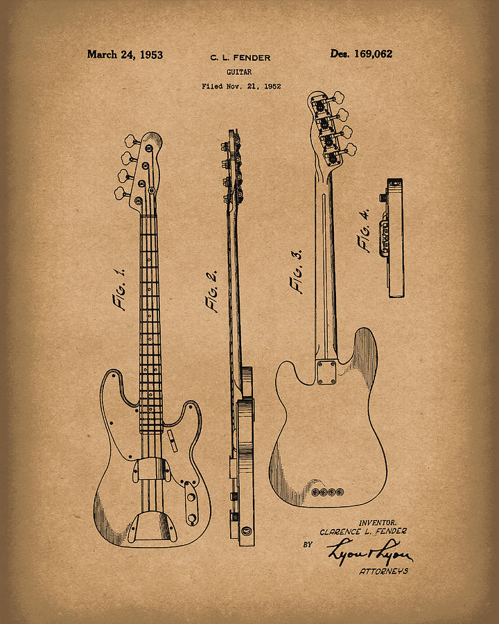720x900 fender bass guitar patent art brown drawing - Bass Guitar Drawing