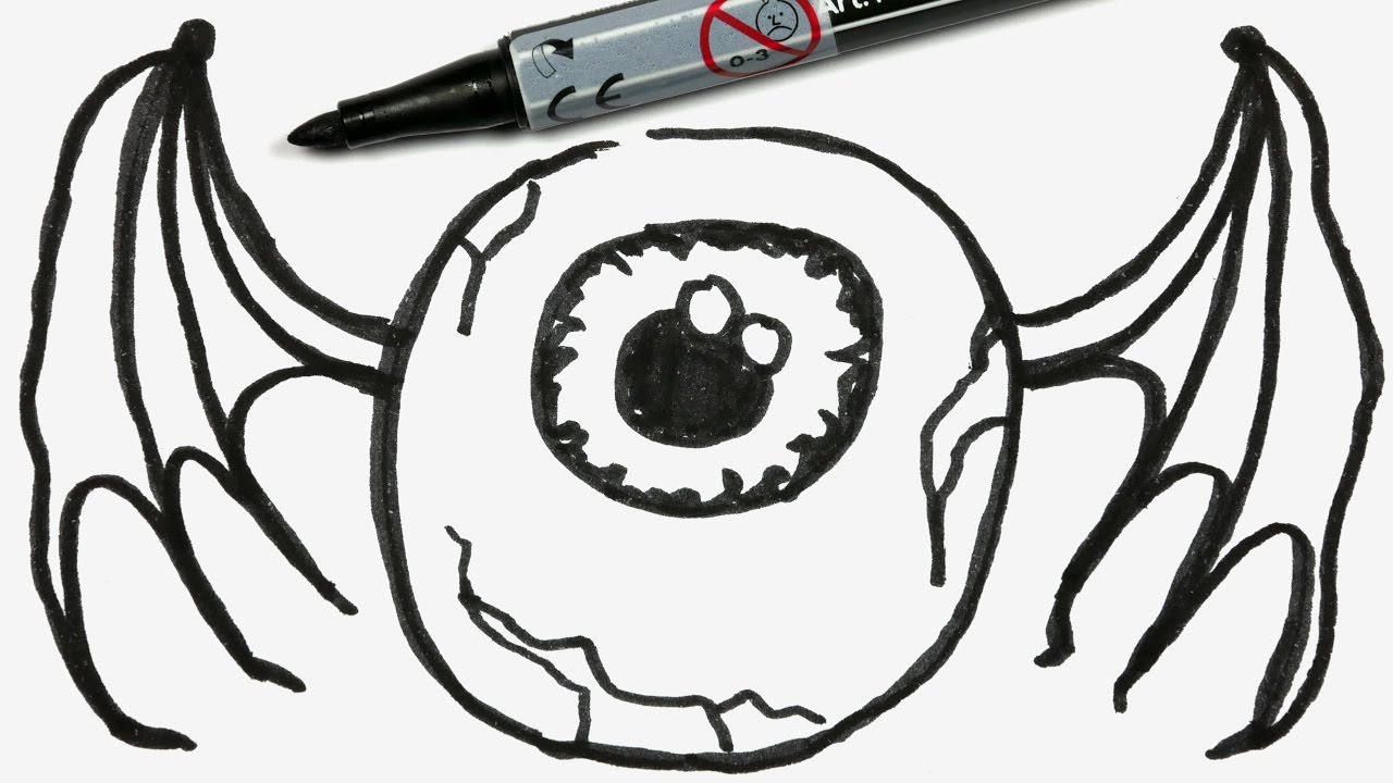 1280x720 How To Draw A Cartoon Halloween Eyeball With Bat Wings - Bat Wings Drawing