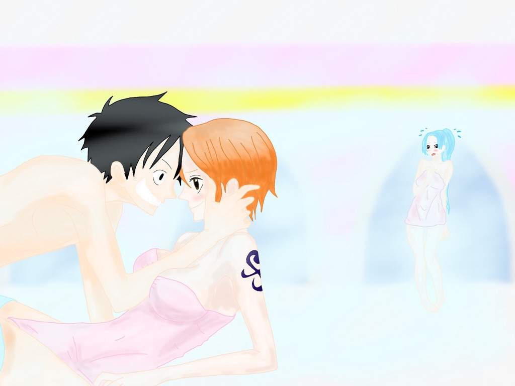 1024x768 luffy and nami in the bath - Bath Drawing