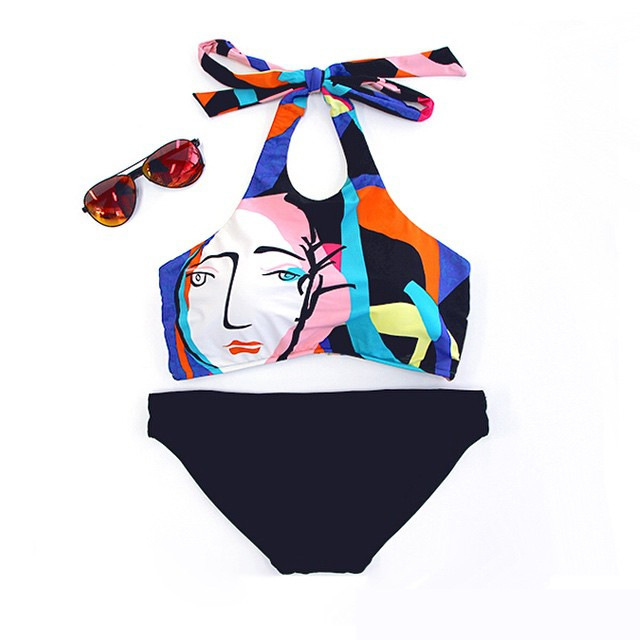640x640 High Neck Bikini Women Swimwear Printed Face Paiting Bandage - Bathing Suit Drawing
