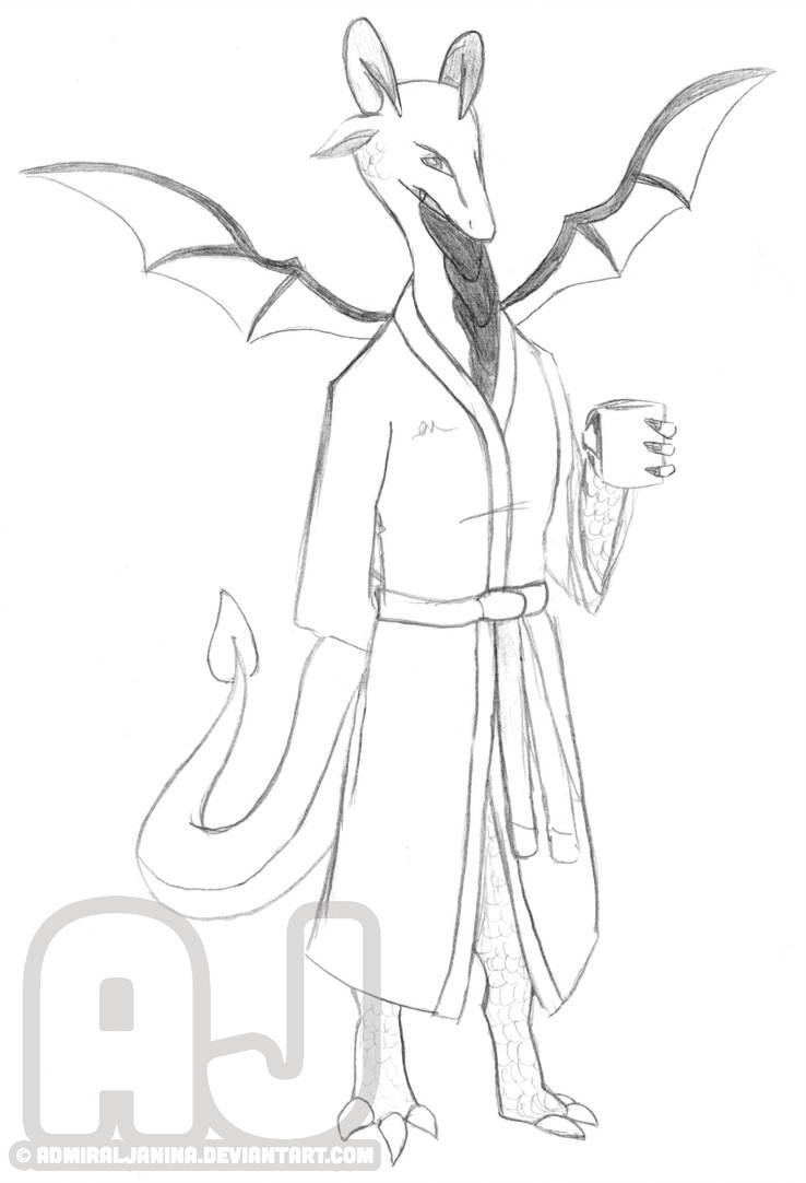 738x1082 a dragon in a bathrobe and a cup in his hands - Bathrobe Drawing
