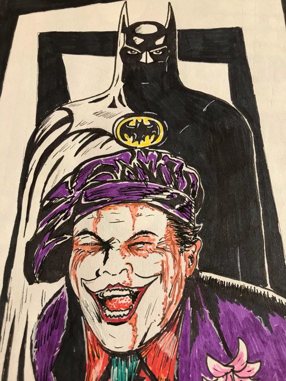 570x760 Original Tim Burton Batman And The Joker Drawing Dc Etsy - Batman And Joker Drawing