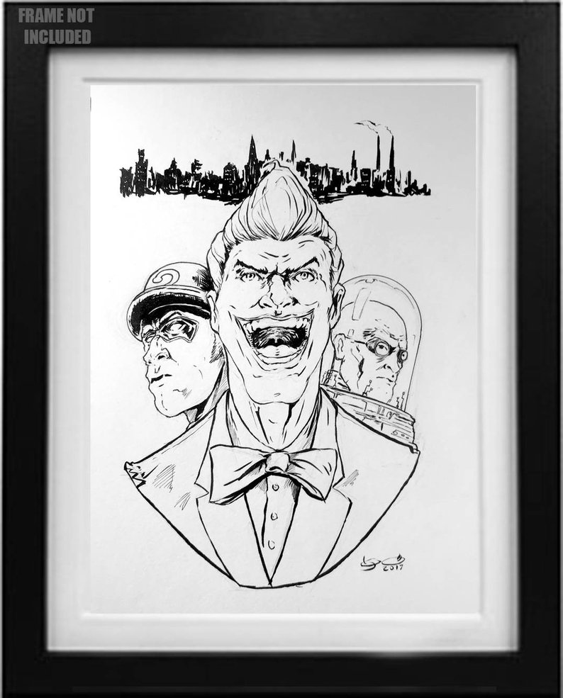 794x985 Batman's Joker The Riddler And Mr Freeze Ink Drawing Etsy - Batman And Joker Drawing