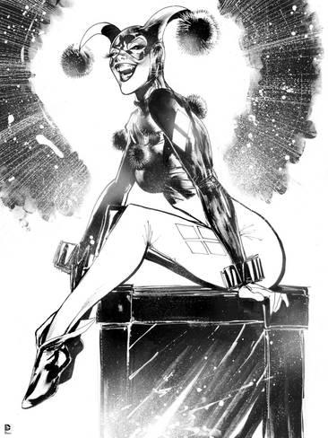 366x488 Batman Black And White Drawing Of Harley Quinn Sitting On A Box - Batman Black And White Drawing