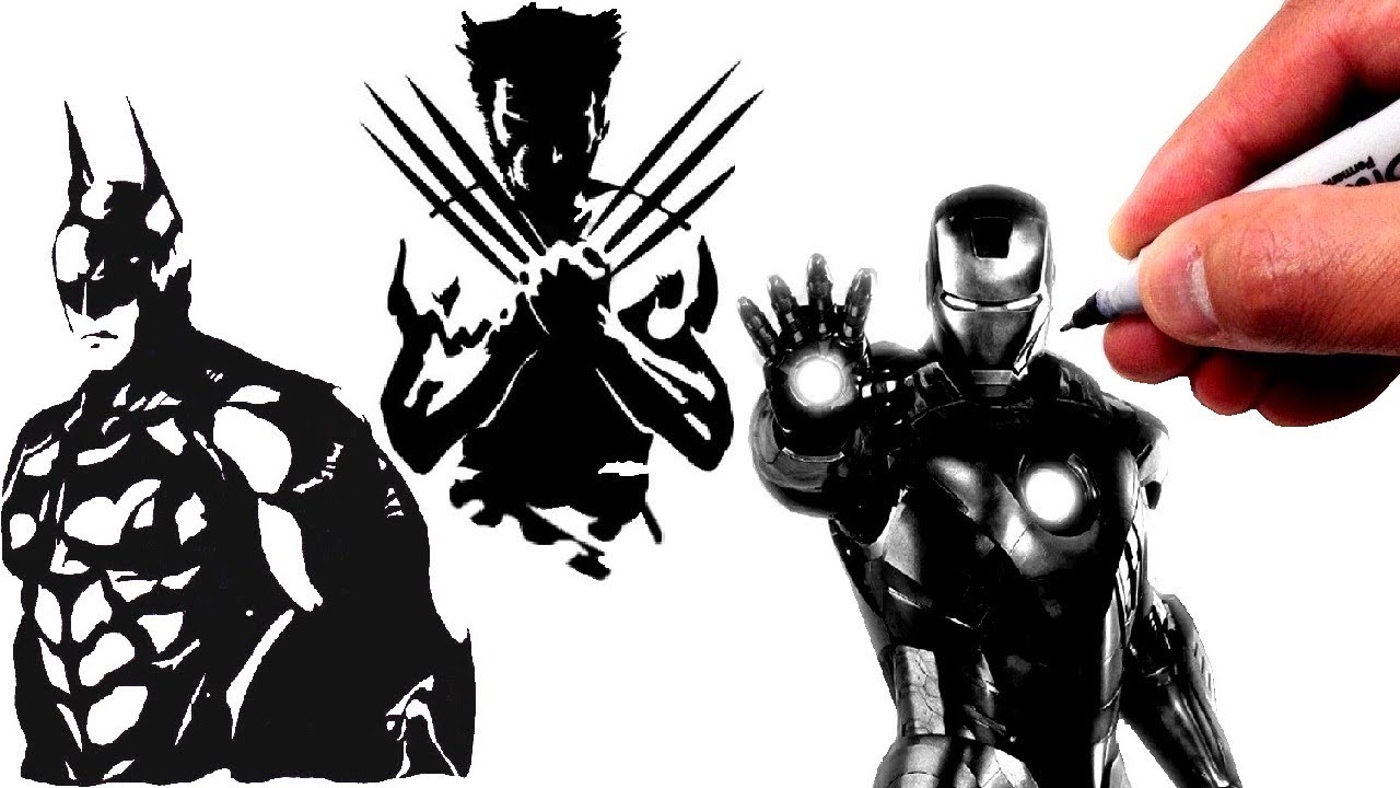 1280x720 Drawing Wolverine, Iron Man Batman In Black And White - Batman Black And White Drawing