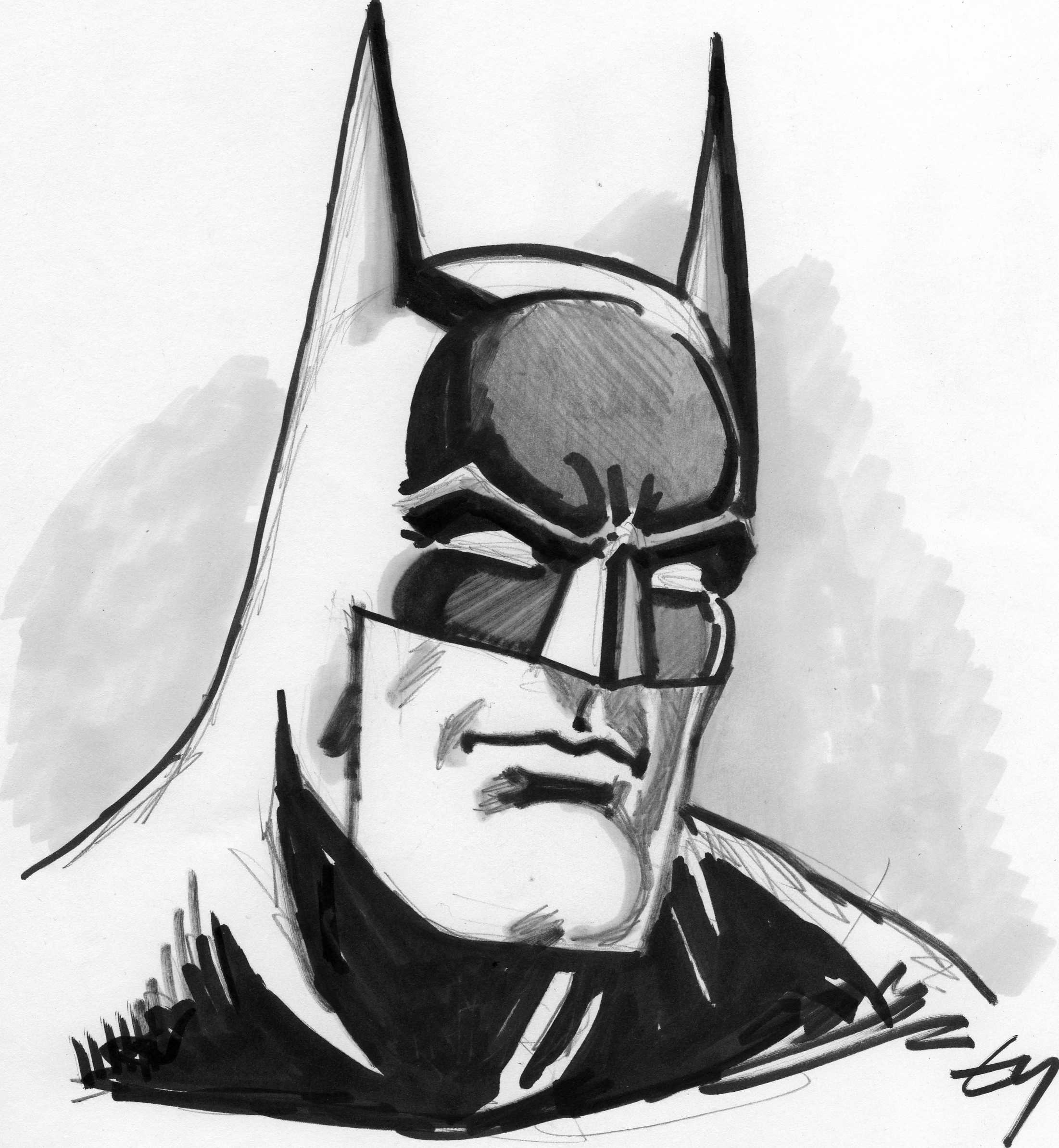 Drawing of Batman’s face with the bat symbol on his cowl