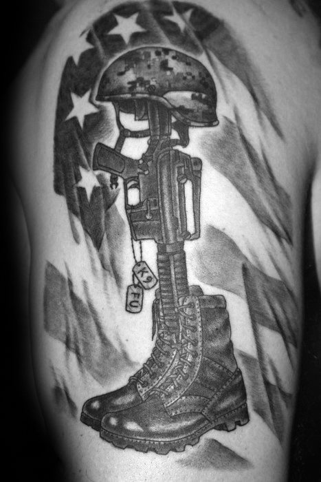 467x700 Fallen Soldier Tattoo Designs For Men - Battlefield Cross Drawing