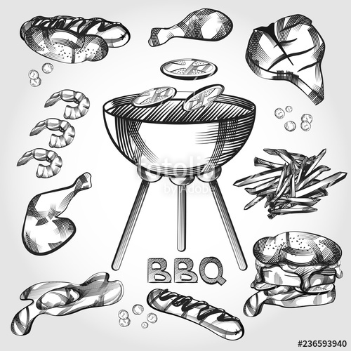 500x500 bbq vector hand drawn set grilled meat,chicken, shrimp, burger - Bbq Drawing