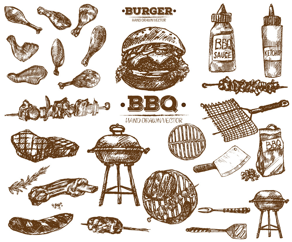 1000x830 hand drawn fresh farm meat bbq sketch collection, black and white - Bbq Drawing