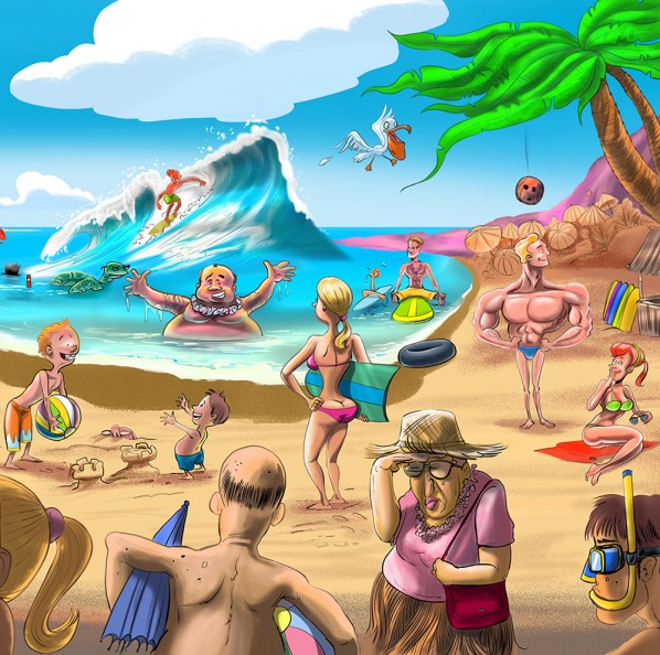 598x594 cartoon tropical hawaii beach scene final cartoon - Beach Cartoon Drawing