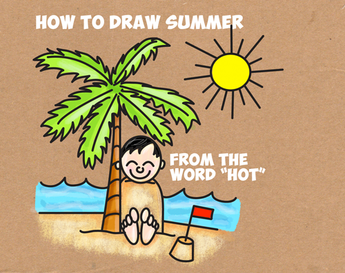 500x396 How To Draw A Cartoon Summer Beach Scene From The Word Hot - Beach Cartoon Drawing