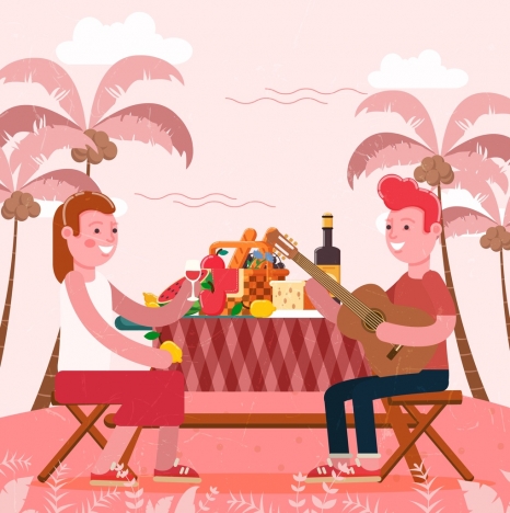 466x468 Beach Picnic Drawing Couple Food Icons Cartoon Design Vectors - Beach Cartoon Drawing