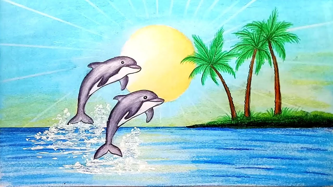 1280x720 How To Draw Scenery Of Dolphin In Beach Step - Beach Drawing