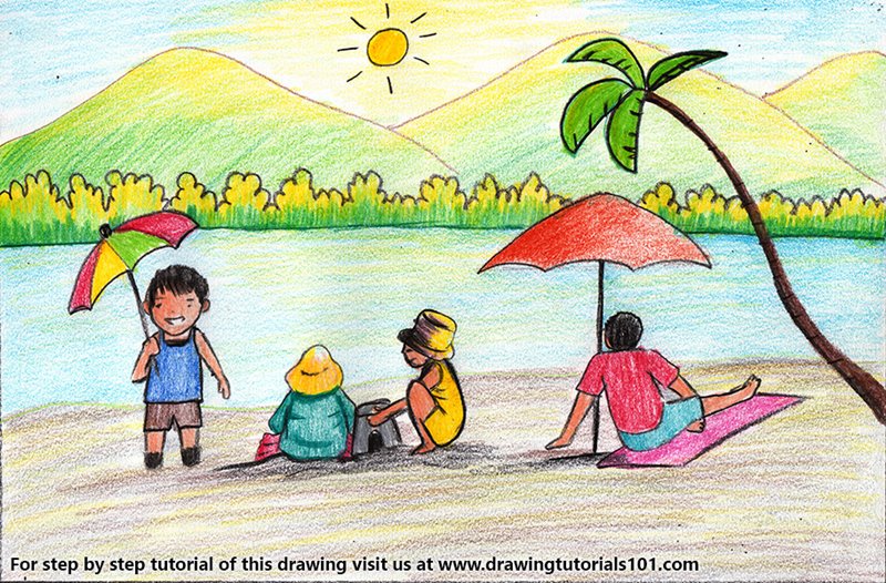 800x526 Summer Beach Scene Colored Pencils - Beach Drawing