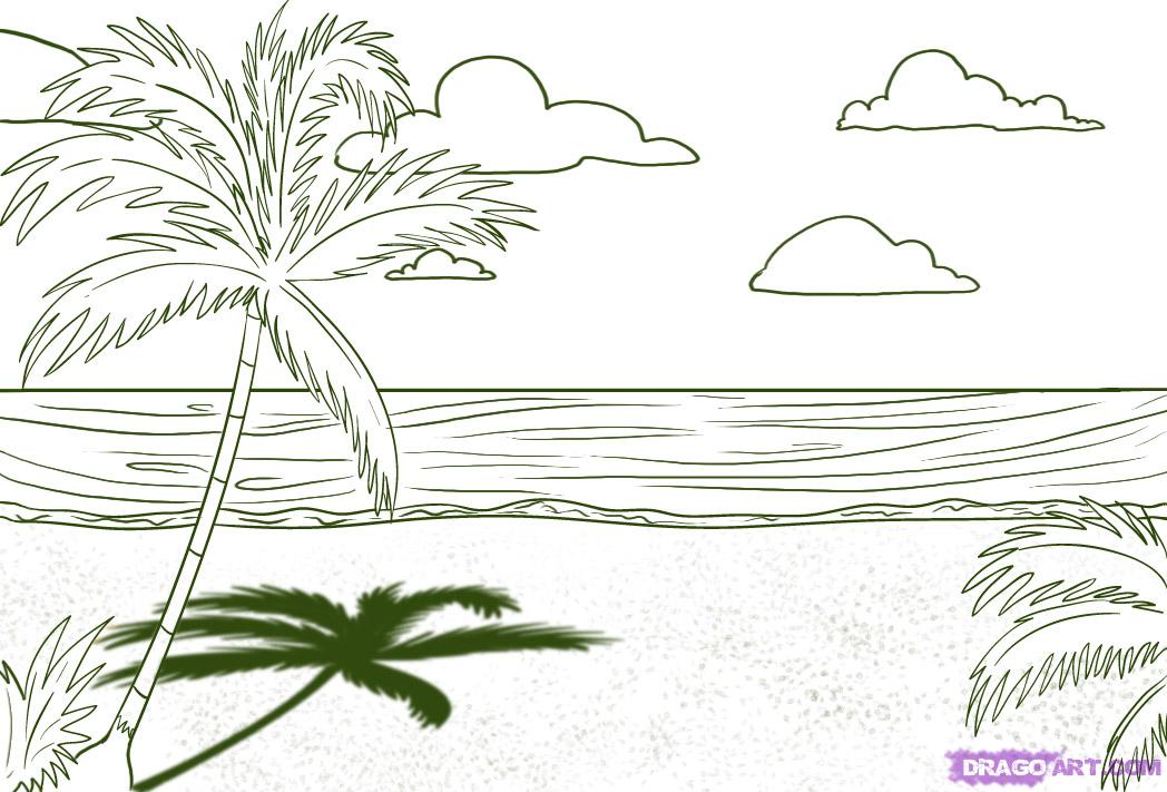 1048x711 A Drawing Of A Beach - Beach Drawing Easy