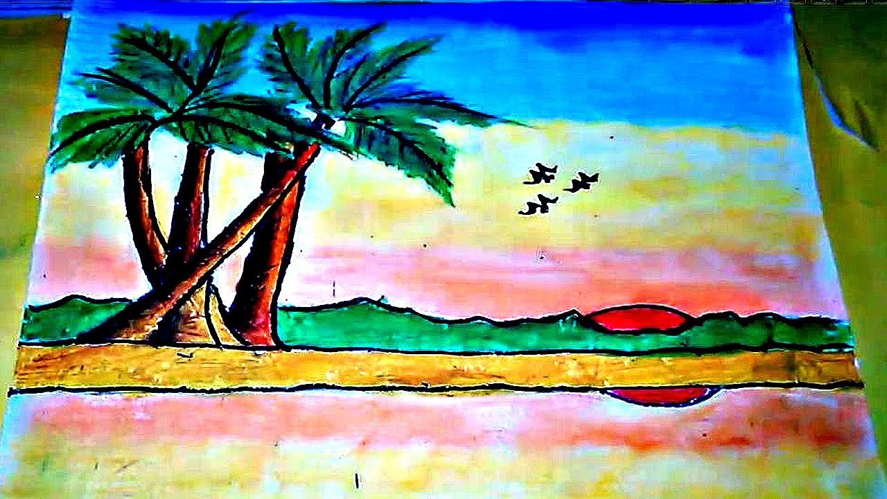 1280x720 Beach Scene Drawing Easy - Beach Drawing Easy