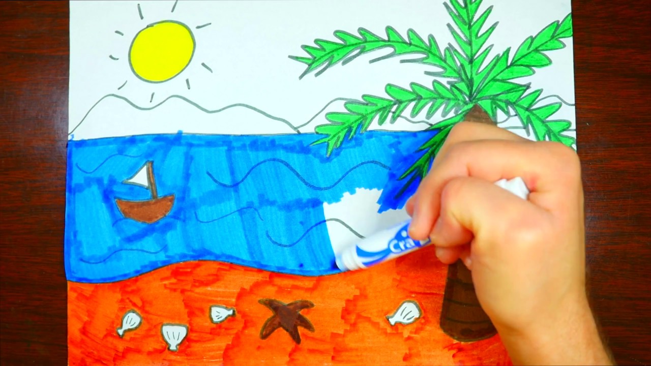 1280x720 How To Draw Beach Scenery Kids Coloring Page - Beach Drawing For Kids