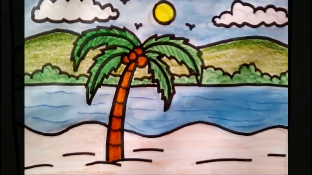 1280x720 How To Draw Coconut Tree Beach Scenery Drawing For Kids - Beach Drawing For Kids