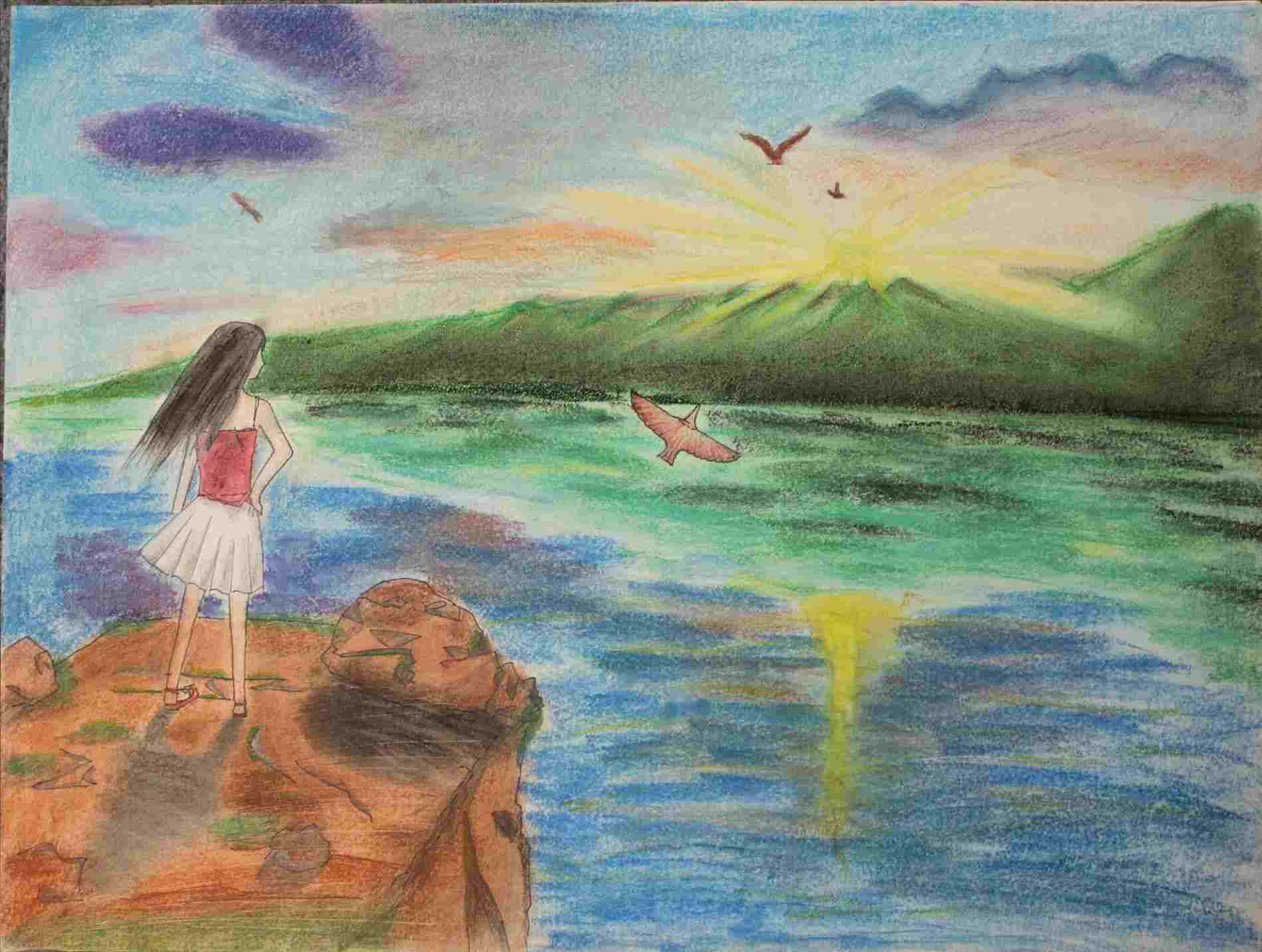 1899x1432 Drawing Of Natural Scenery Sunrise - Beach Drawing Ideas