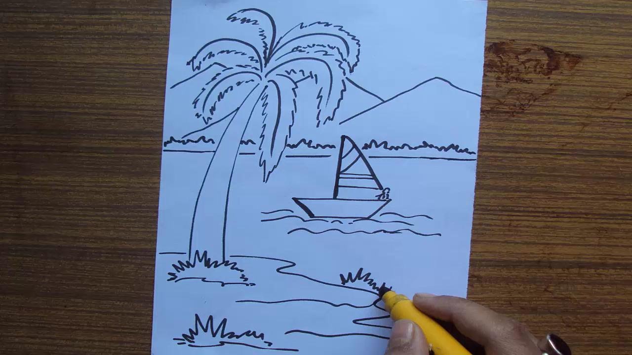 1280x720 Drawn Boat Beach Drawing - Beach Drawing Images