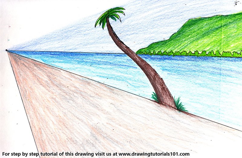 800x524 One Point Perspective Beach Colored Pencils - Beach Drawing Images