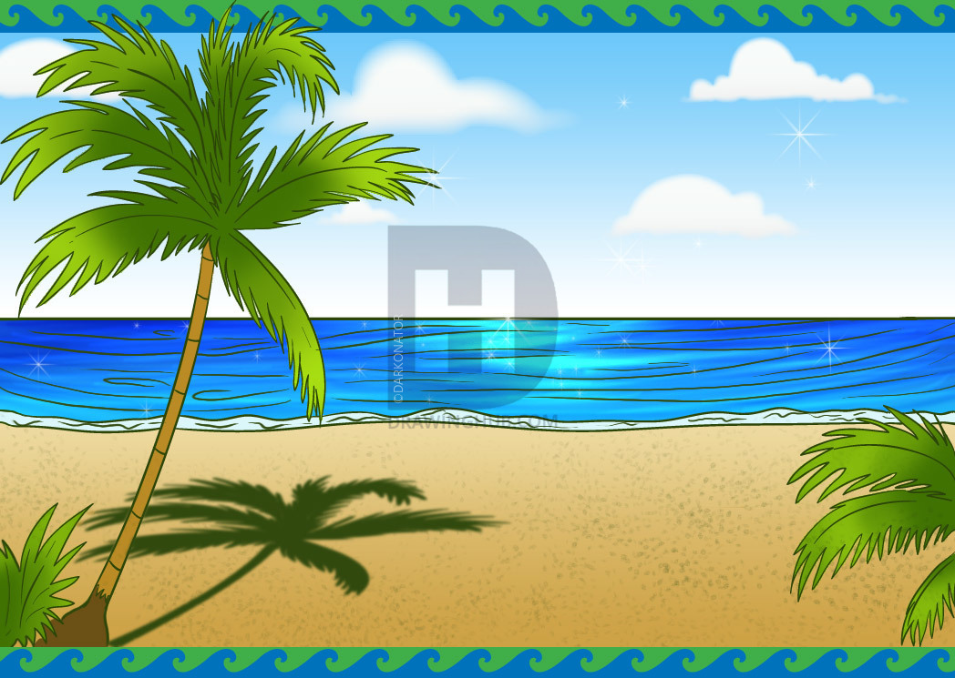 1048x745 How To Draw A Beach Scene, Step - Beach Drawing Pictures