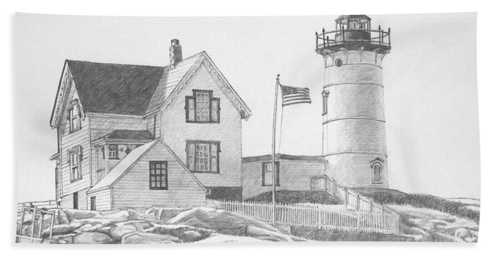 967x500 cape neddick light house drawing beach towel for sale - Beach House Drawing