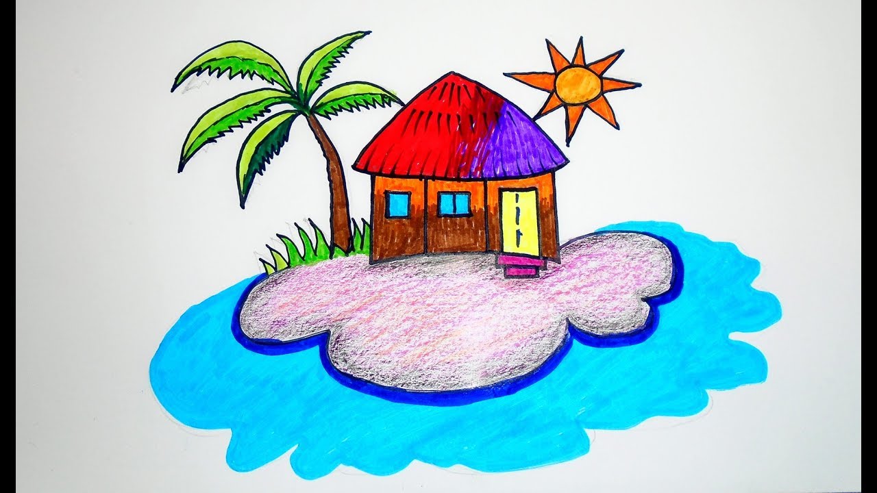 1280x720 how to draw island sea beach beach house color for children - Beach House Drawing