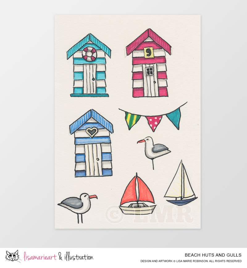 800x867 Beach Hut Pattern With Gulls - Beach Hut Drawing
