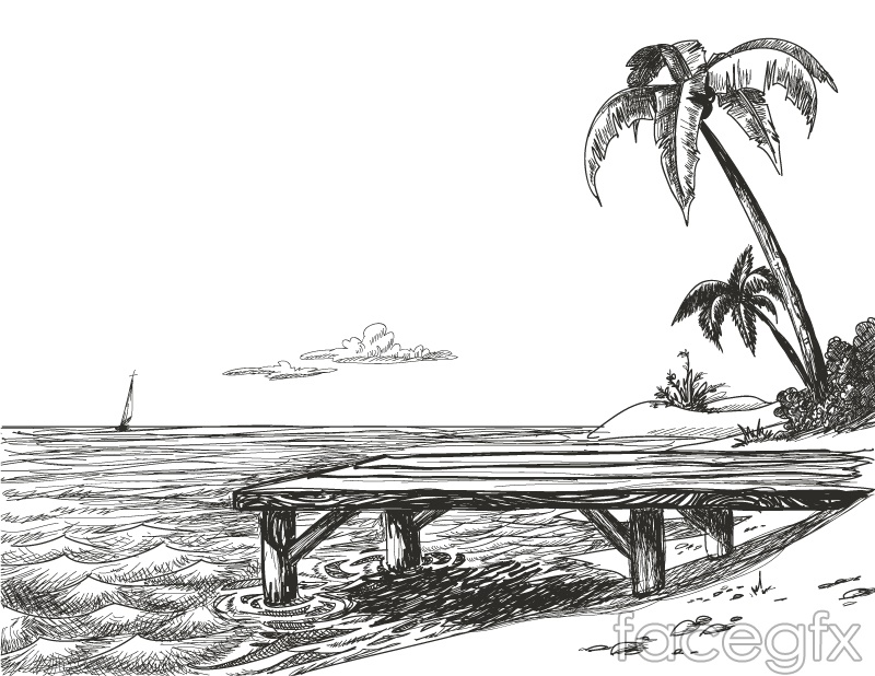 800x618 hand painted beach landscape vector over millions vectors, stock - Beach Landscape Drawing