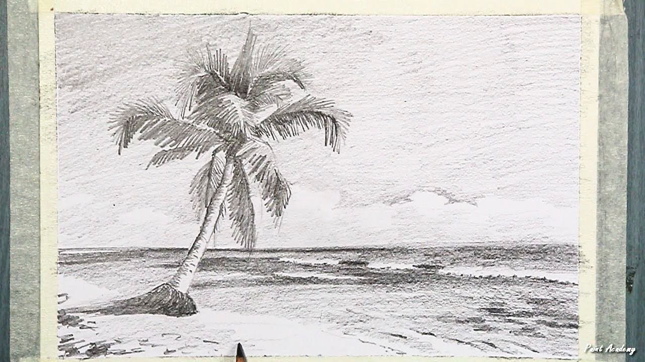 1280x720 How To Draw A Beach Landscape With A Coconut Tree In Pencil - Beach Landscape Drawing