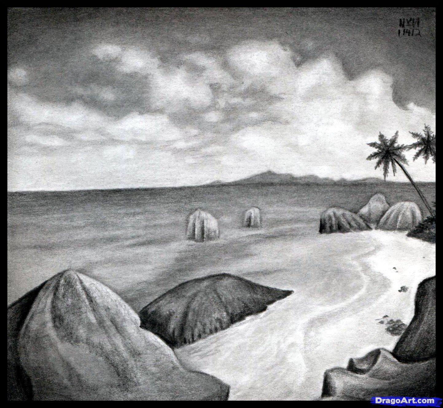 1443x1329 how to sketch a beach, draw a realistic beach, step - Beach Landscape Drawing